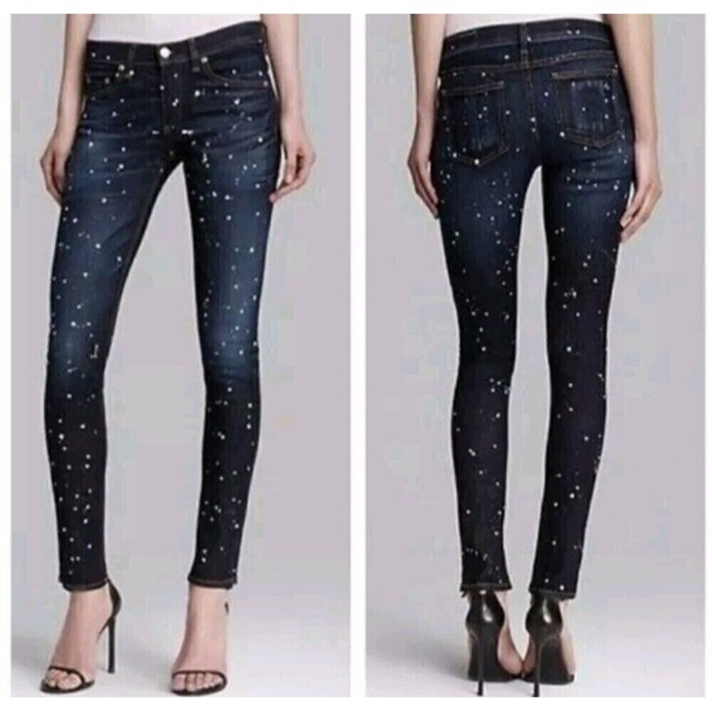 Rag & Bone Blue Anfield Splatter‎ Paint Skinny Ankle Jeans 24